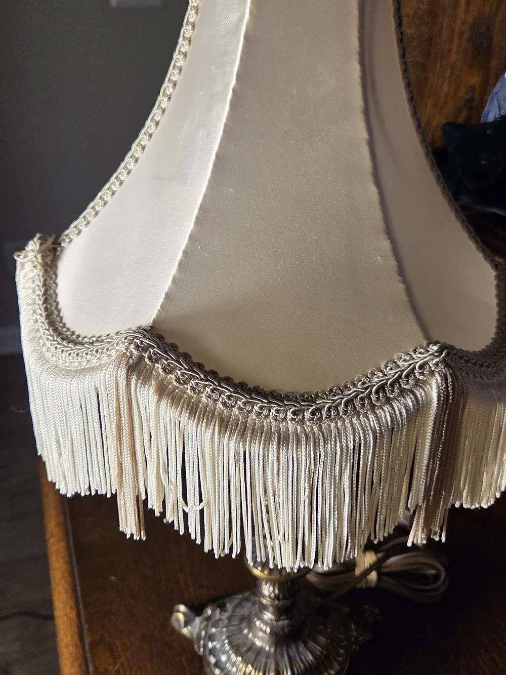 Vintage Cream Fringe Table Lamp with Ornate Brass Base